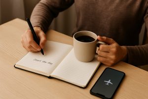 a person writing in a notebook with a cup of coffee