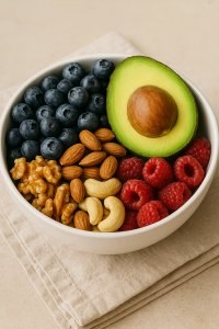 a bowl of fruit and nuts